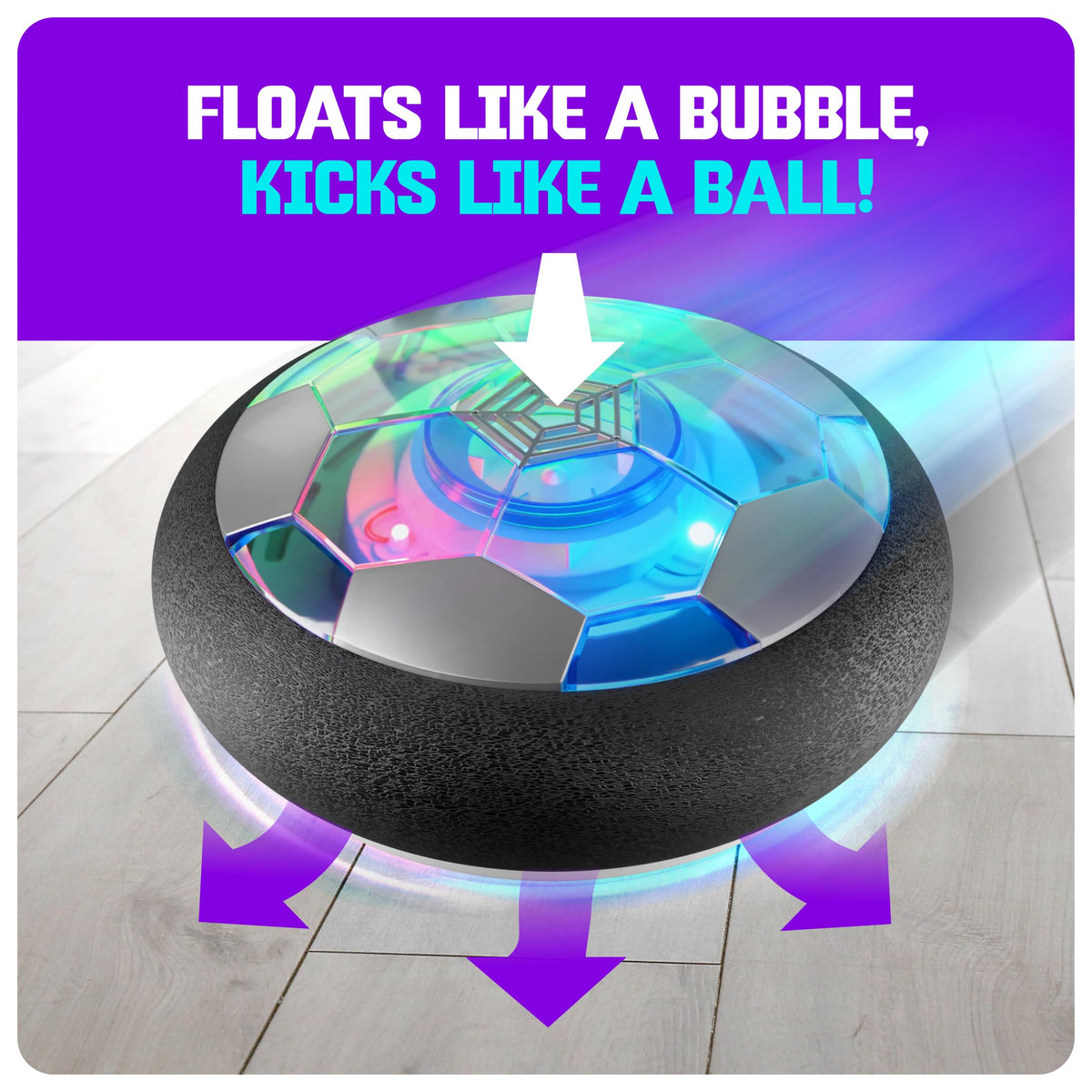 Ninja Blast hover soccer ball glides on wood and tile surfaces