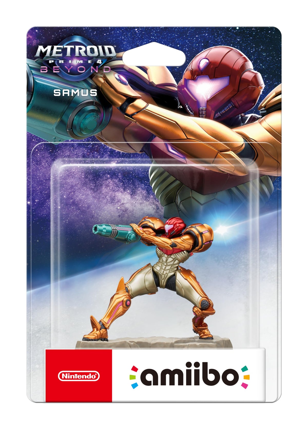 Nintendo amiibo Samus Metroid Prime 4 front-view collectible figure for display and in-game bonuses.
