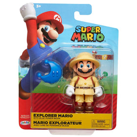 Nintendo Super Mario Explorer Mario 4-inch figure features secret power-up accessory for surprises.