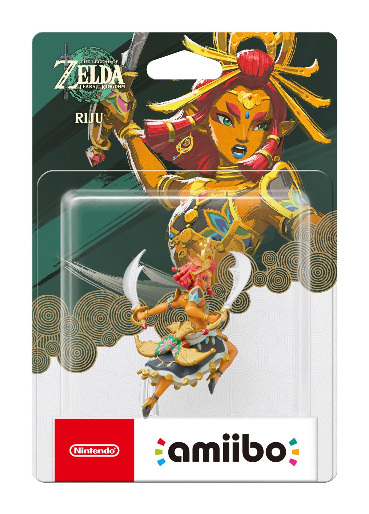 Nintendo Riju Amiibo figure in battle pose with Gerudo garb, unlocks in-game items and customization.