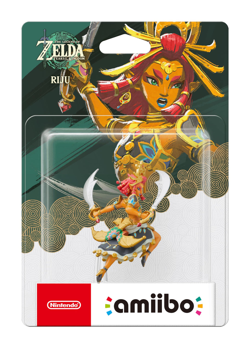 Nintendo Riju Amiibo figure in battle pose with Gerudo garb, unlocks in-game items and customization.