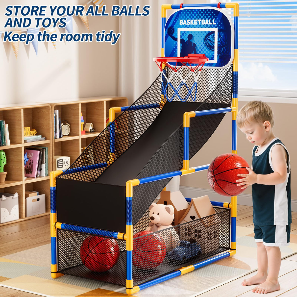 NIPLOOOW Arcade Basketball Set with balls and pump included for convenient setup.