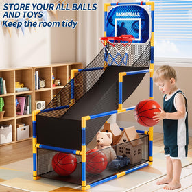 NIPLOOOW Arcade Basketball Set with balls and pump included for convenient setup.