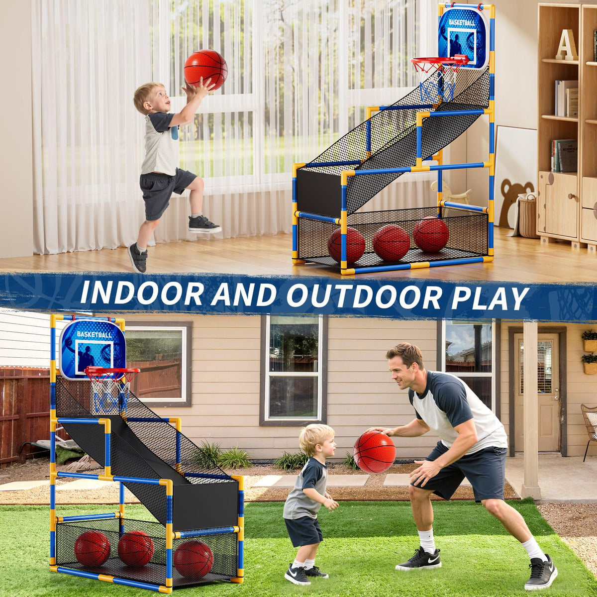 NIPLOOOW Arcade Basketball Set height-adjustment feature shown for growing kids' play.