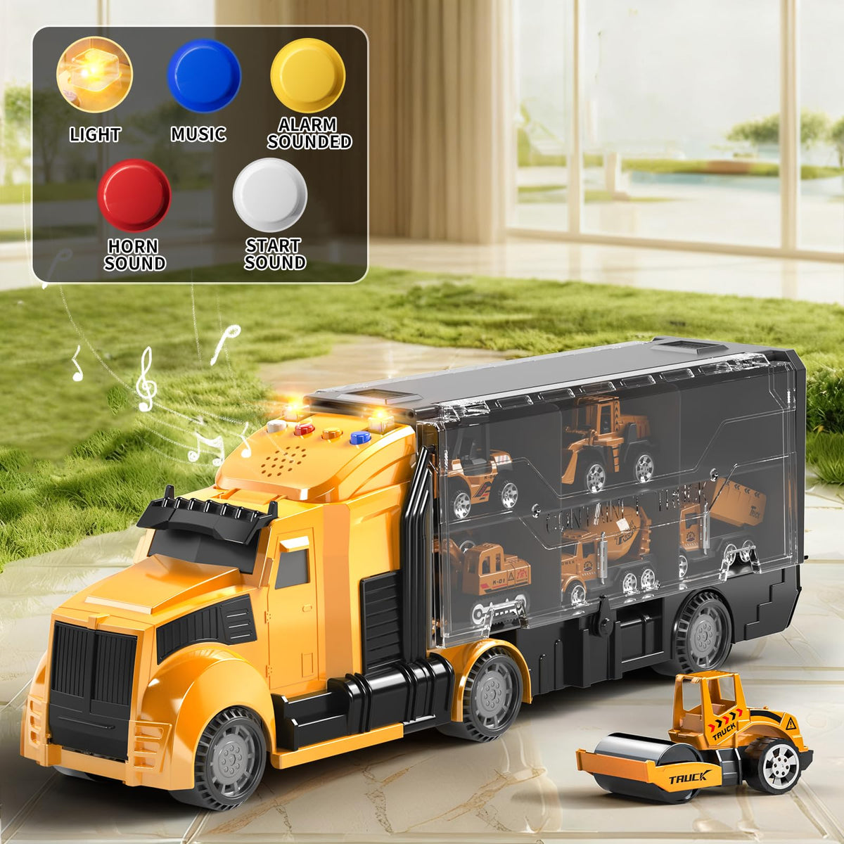 NIPLOOOW cement truck toy with engine sounds for immersive builds.