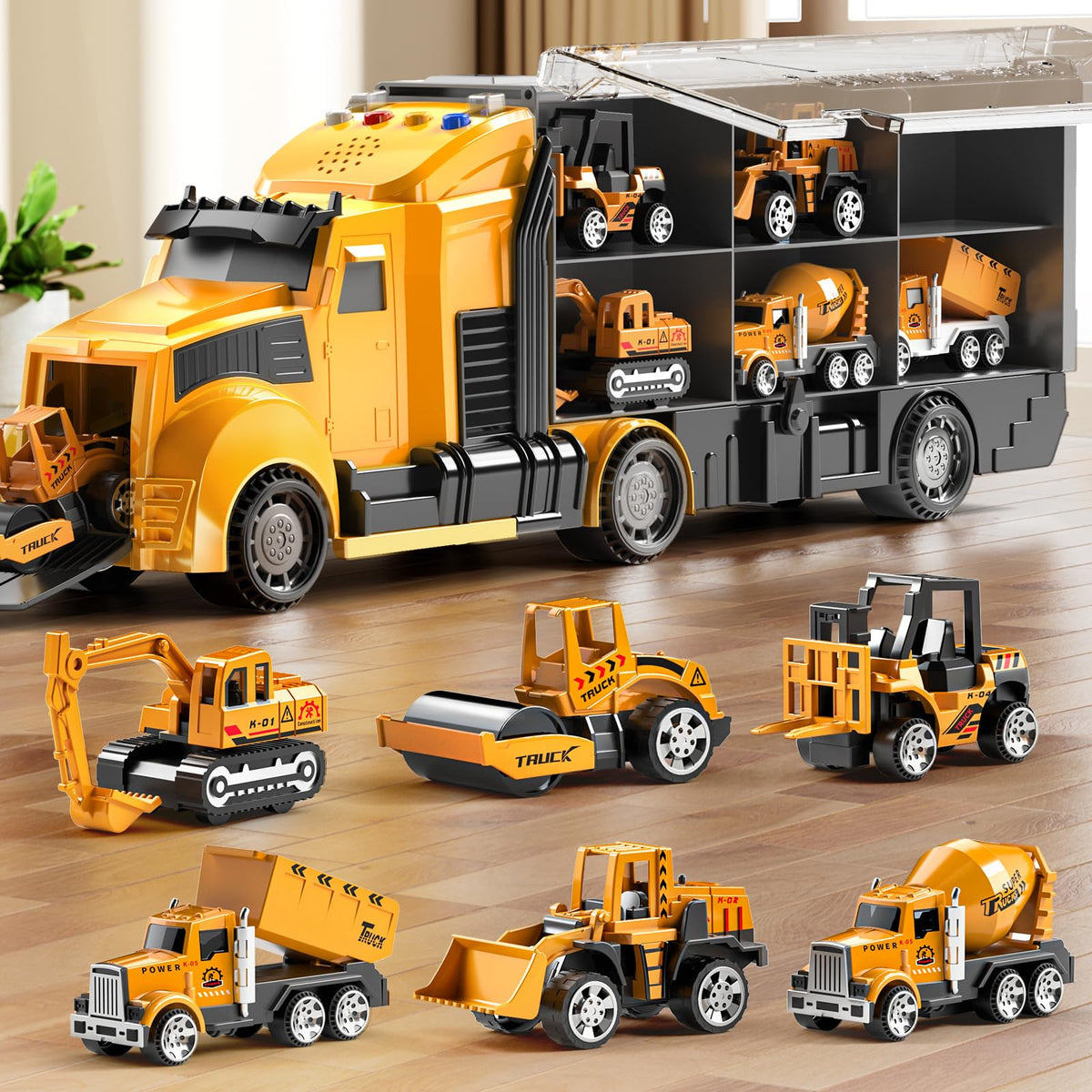NIPLOOOW carrier truck play set with lights enables vivid pretend construction play.