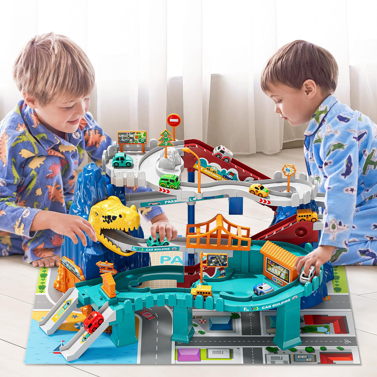 NIPLOOOW dinosaur race track with ten mini cars