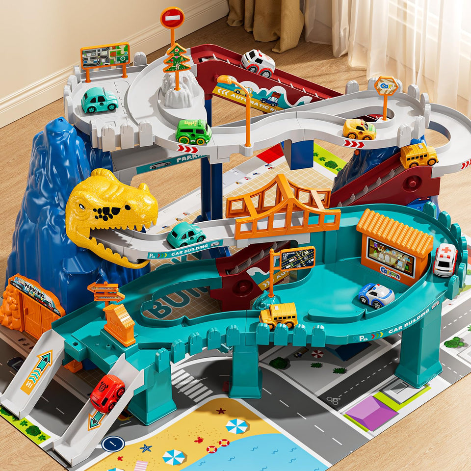 NIPLOOOW dinosaur race track assembly for cooperative play