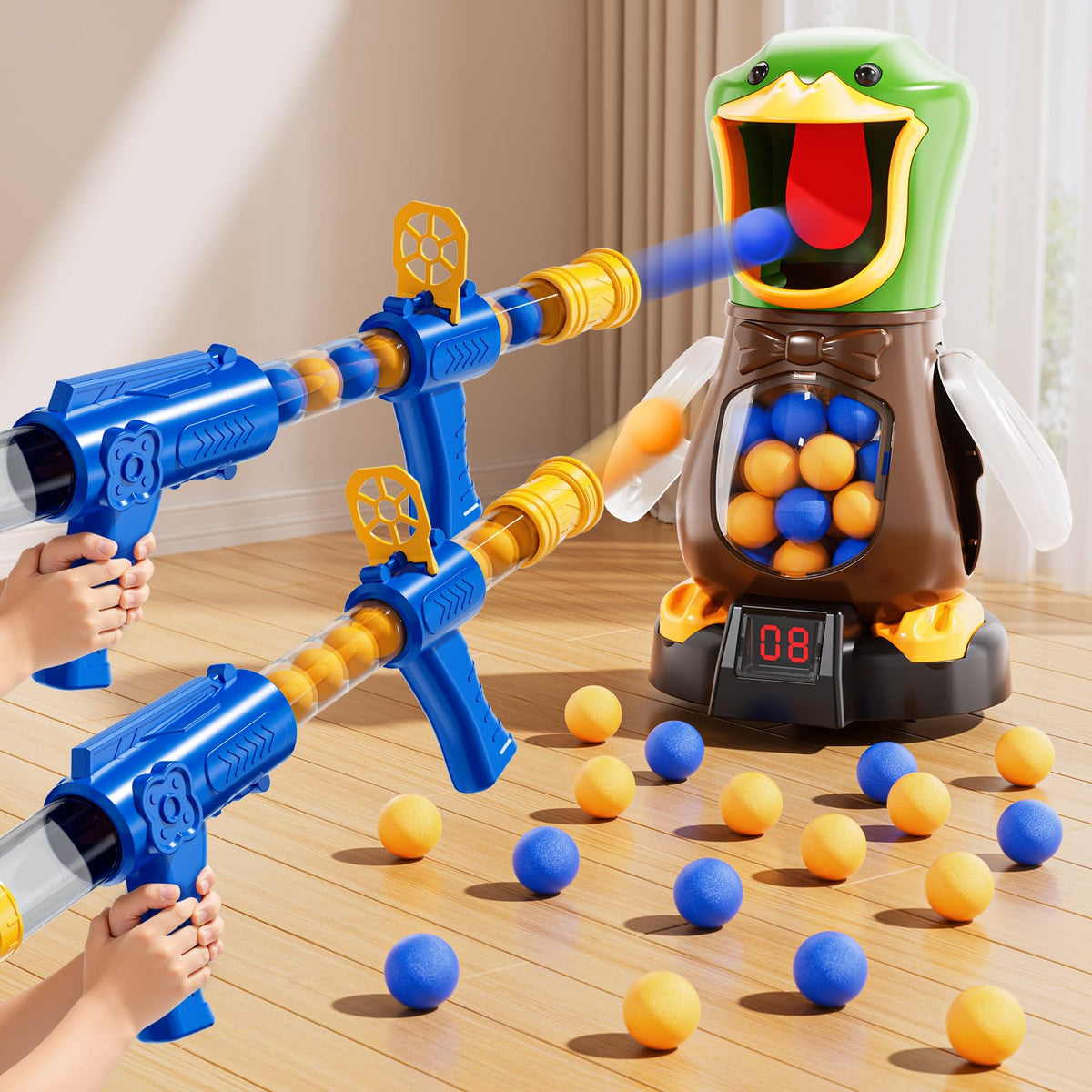 NIPLOOOW duck-target setup for interactive shooting games, ideal for backyard or playroom.