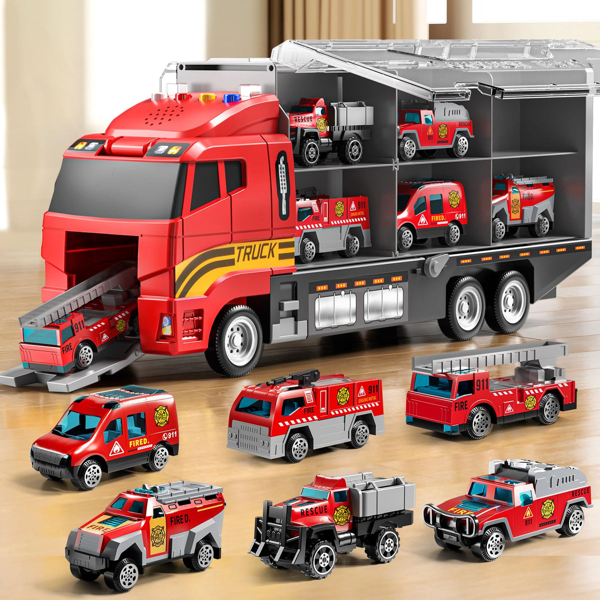 NIPLOOOW fire carrier truck with lights and sounds for immersive pretend play