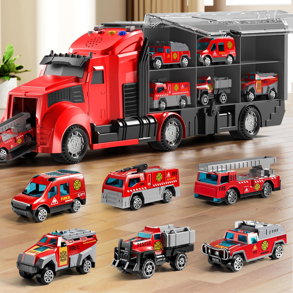 NIPLOOOW Fire Trucks Toy Set with Play Mat shows vivid lights for imaginative play