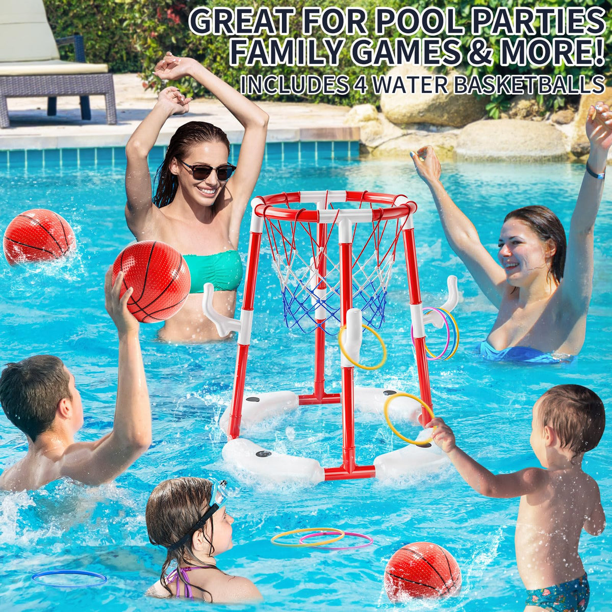NIPLOOOW floating hoop and rings enable versatile water play.