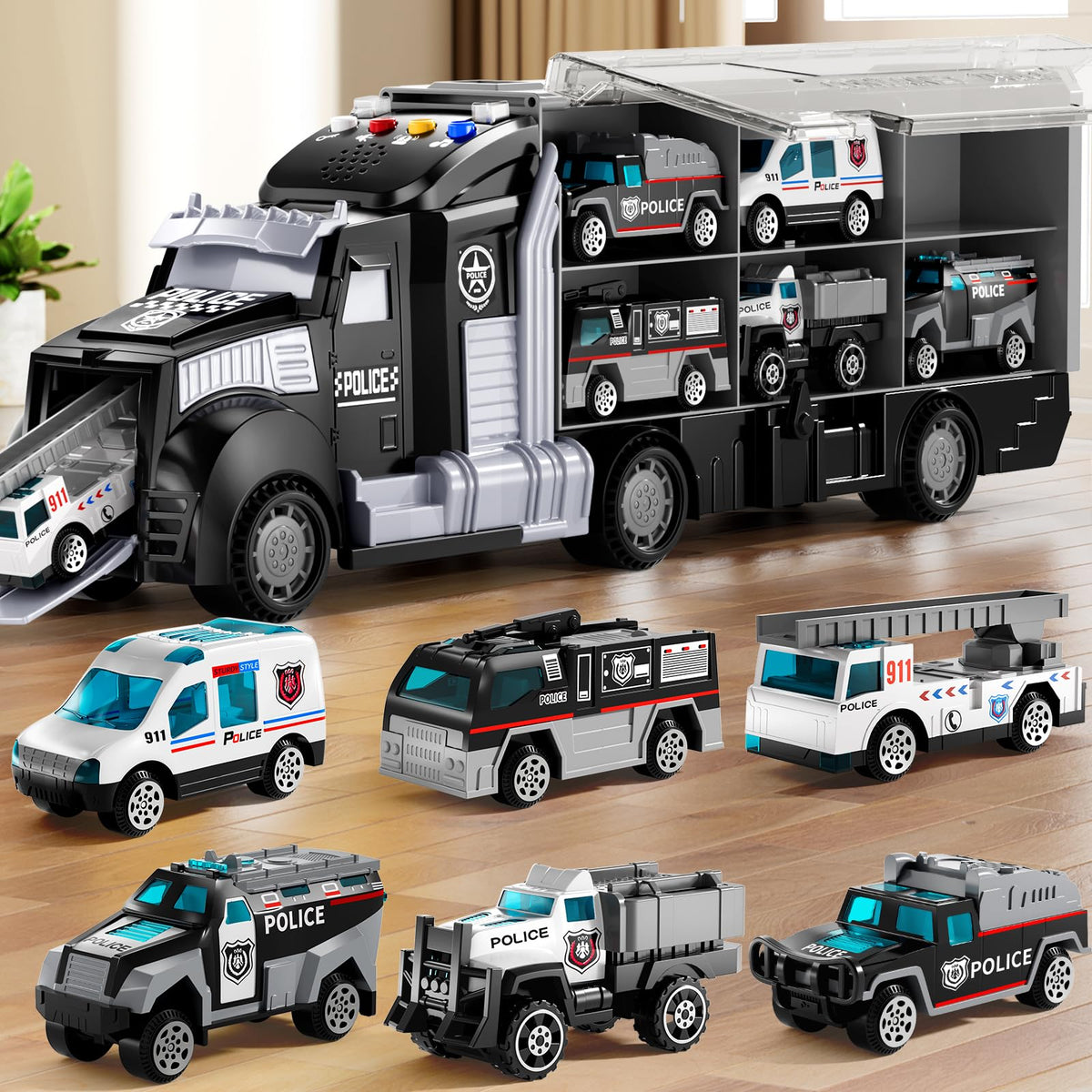 NIPLOOOW police carrier truck with lights for dynamic pretend play.