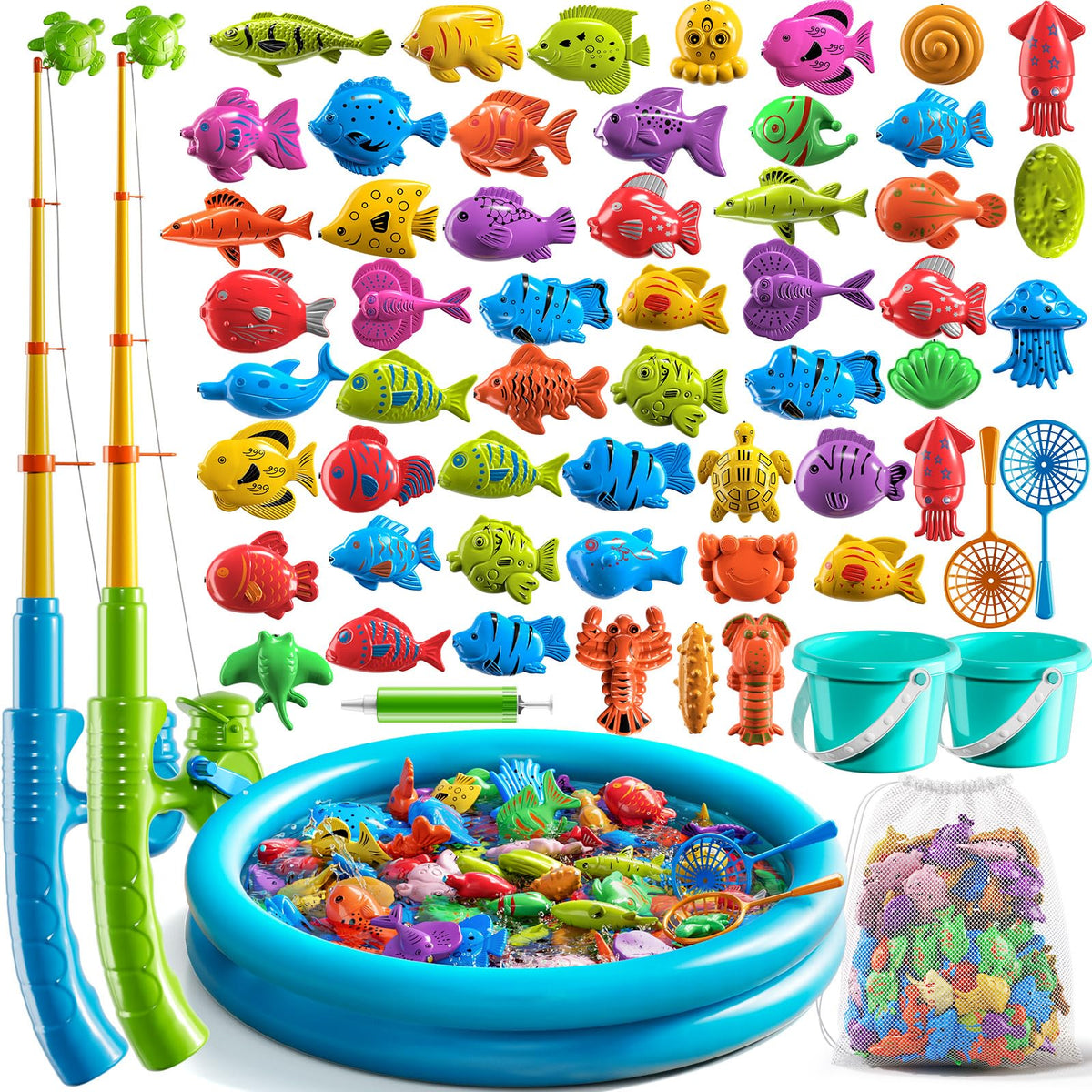 NIPLOOOW pool fishing toy set with magnetic rods encouraging cooperative pool play.