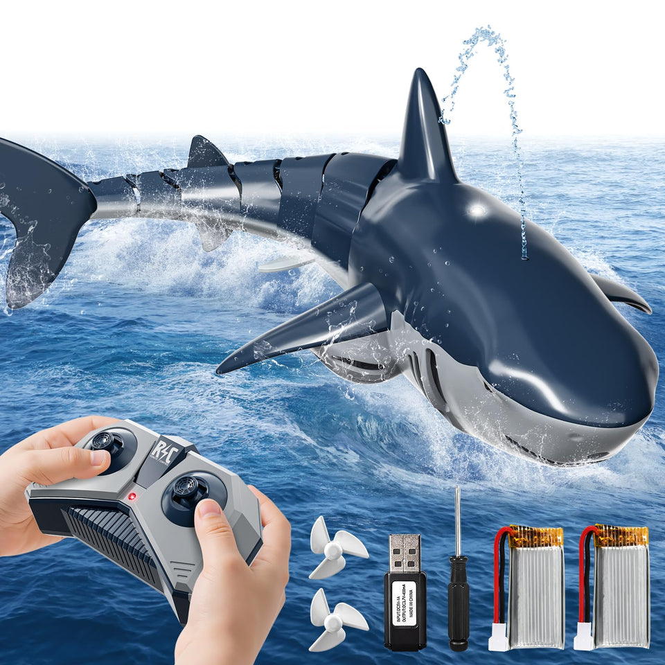 NIPLOOOW RC shark front view highlights strong dual motors for vibrant water action.