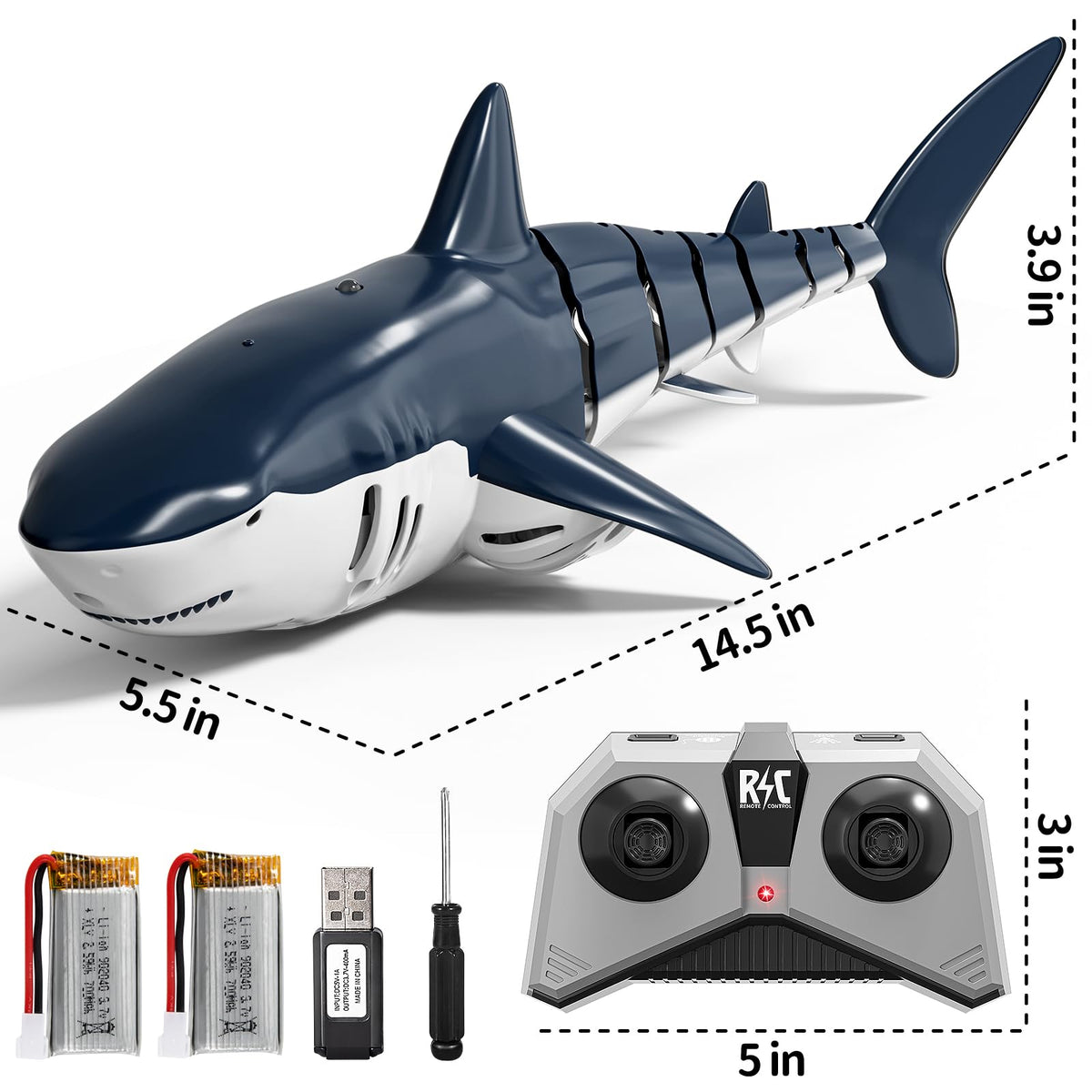 NIPLOOOW RC shark remote panel shows 2.4GHz controls for precise steering.