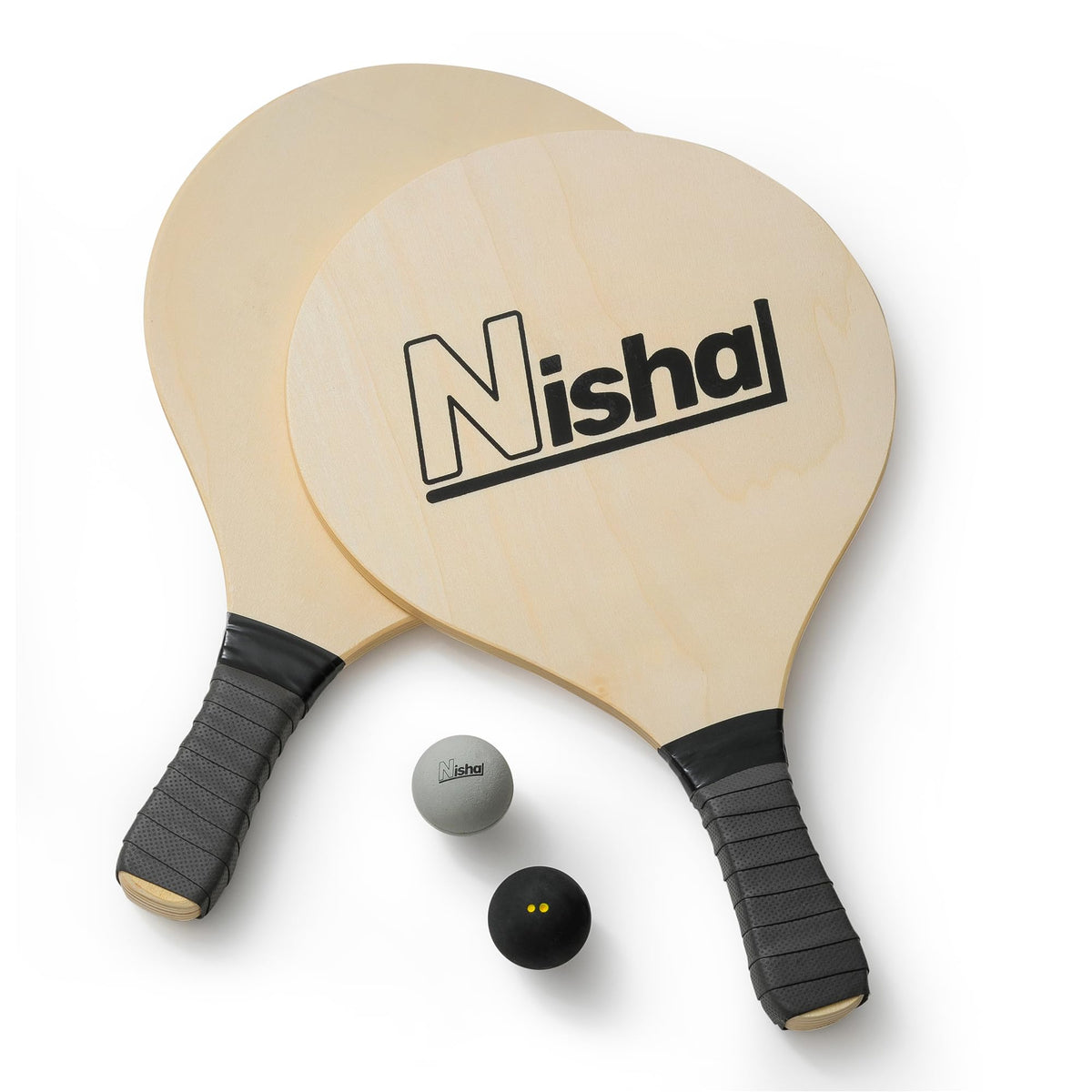 Nisha paddle ball set with durable plastic case for easy transport.