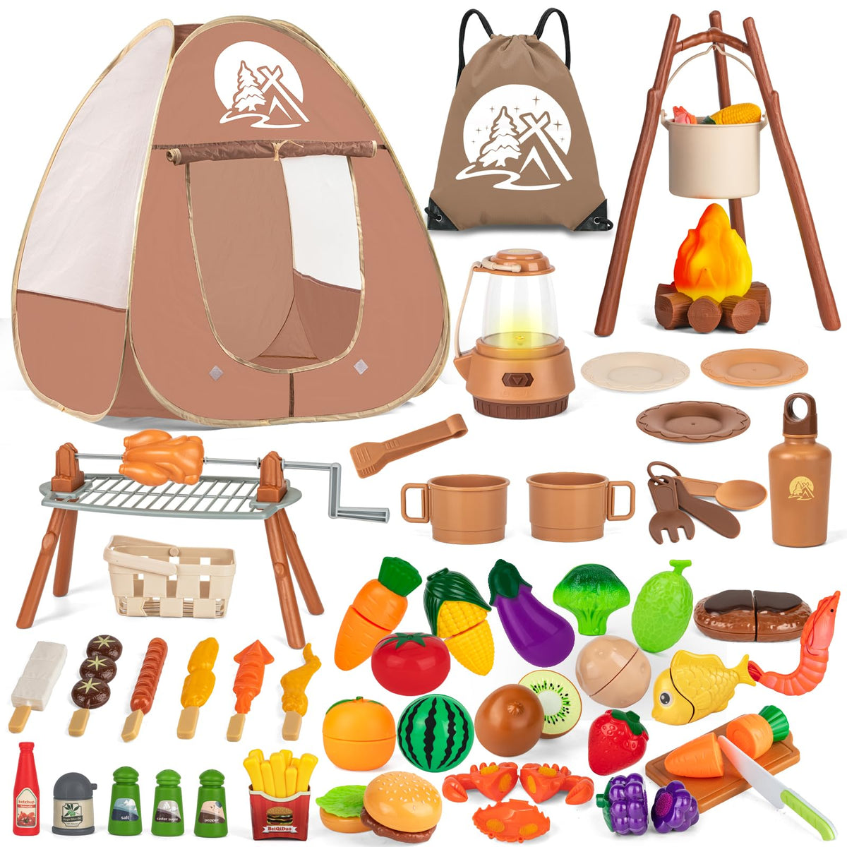 NisKaqsn 80pcs kids camping toys set, full kit for imaginative play.
