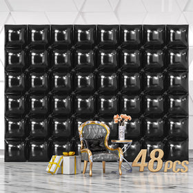 NISOCY 48pcs black square foil balloons wall backdrop setup for stunning photo moments.