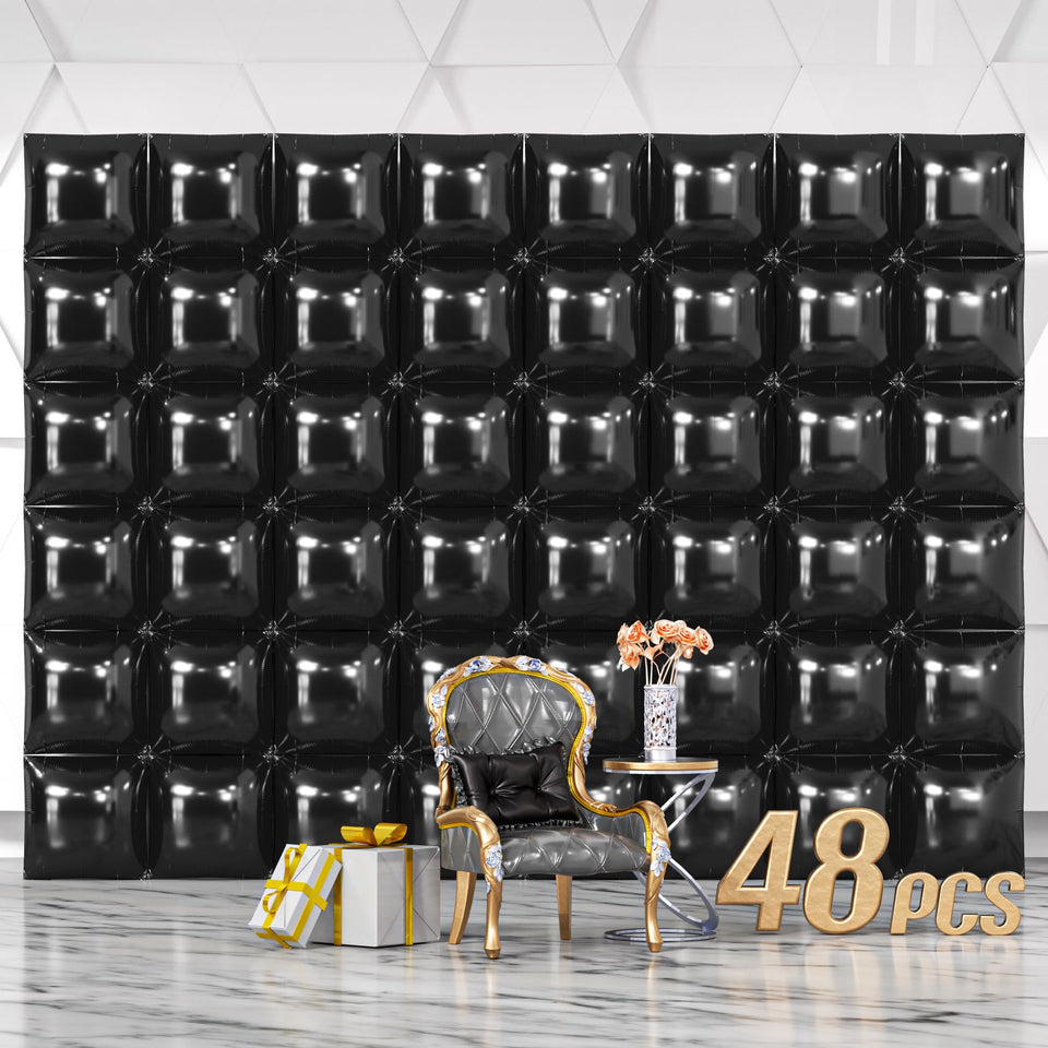NISOCY 48pcs black square foil balloons wall backdrop setup for stunning photo moments.