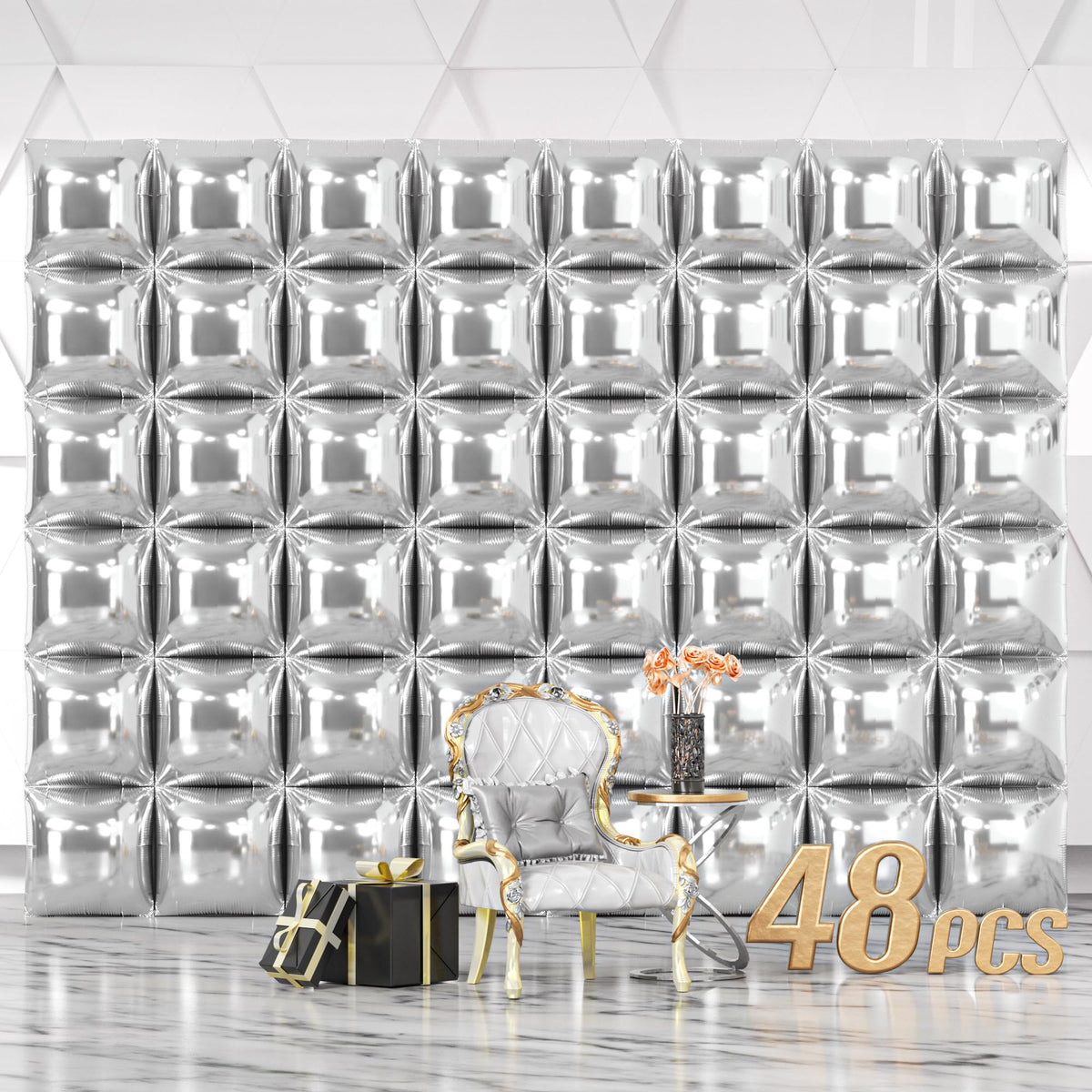 NISOCY silver foil square balloon wall 19x19 inches for a bold backdrop.
