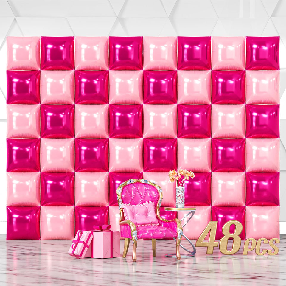 NISOCY hot pink square foil balloons wall backdrop for festive celebrations.