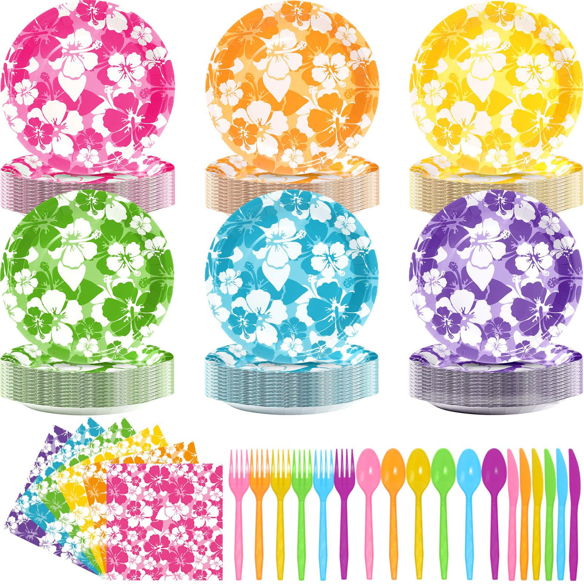Ninitial hibiscus plates 9-inch set for tropical luau parties and easy cleanup