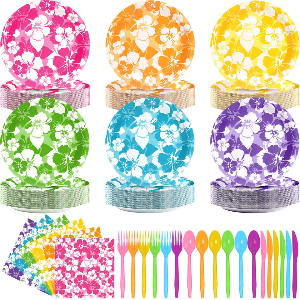 Ninitial hibiscus plates 9-inch set for tropical luau parties and easy cleanup