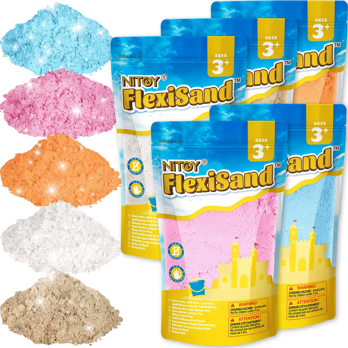 NiToy FlexiSand 11lbs packaging shows color variety for creative sensory play.