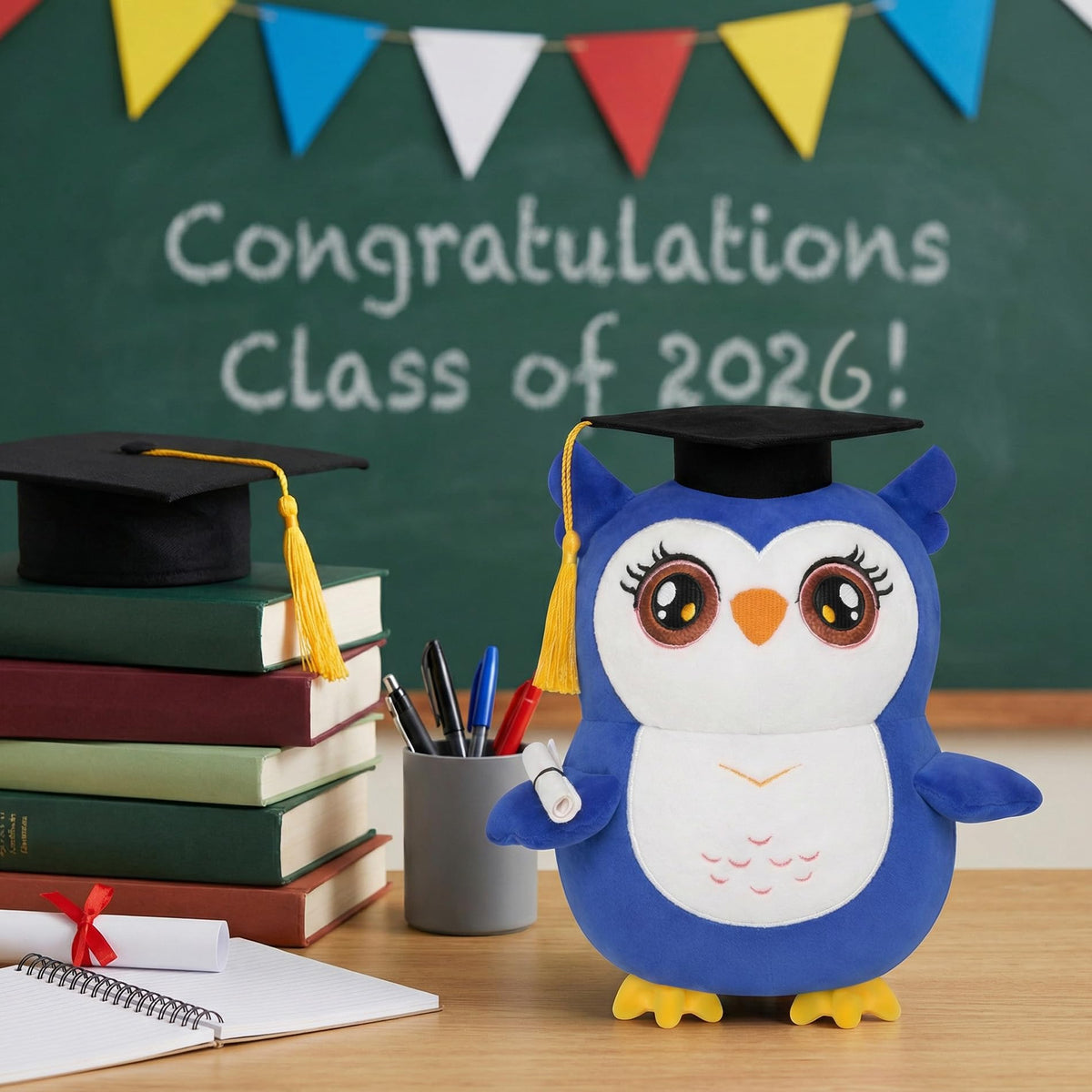 NIUBEHOHO blue owl plush shows textured feather pattern and cuddly feel