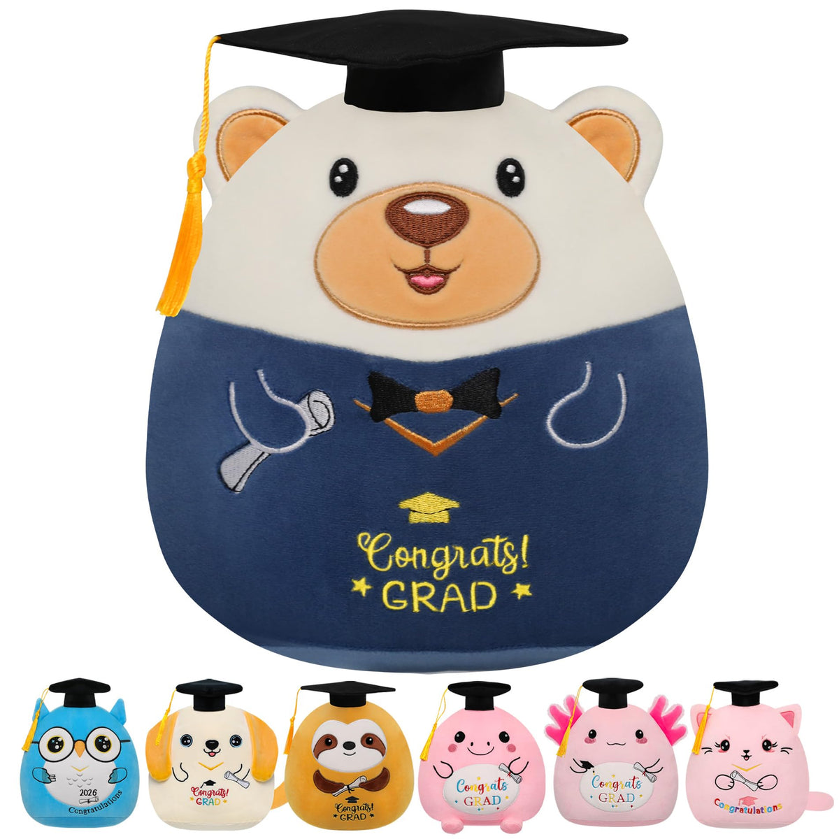 NIUBEHOHO graduation bear in blue gown holding diploma, soft keepsake for grads.