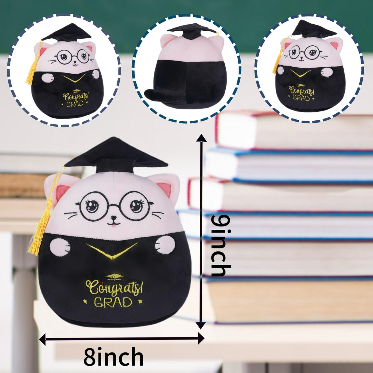 NIUBEHOHO graduation cat plush with glasses adds personality to desks.