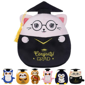 NIUBEHOHO graduation cat plush with pink cap, a cute keepsake for graduates.
