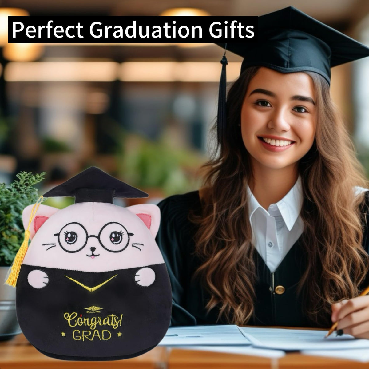 NIUBEHOHO graduation cat plush in pink gown, ideal gift for graduation day.