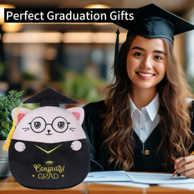 NIUBEHOHO graduation cat plush in pink gown, ideal gift for graduation day.