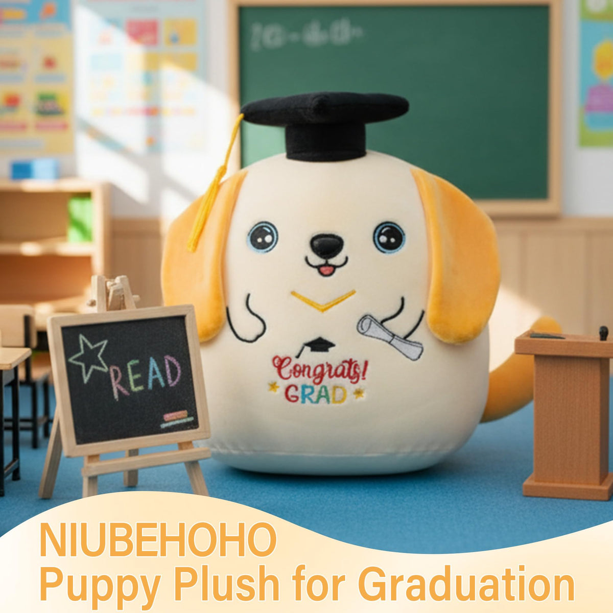 NIUBEHOHO graduation decor dog plush doubles as a photo prop for classroom moments