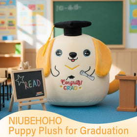 NIUBEHOHO graduation decor dog plush doubles as a photo prop for classroom moments