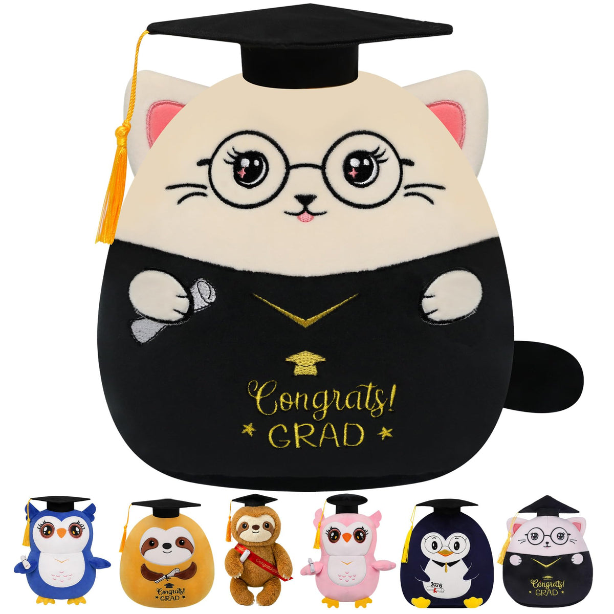NIUBEHOHO graduation plush cat in cap and gown, a soft milestone keepsake.