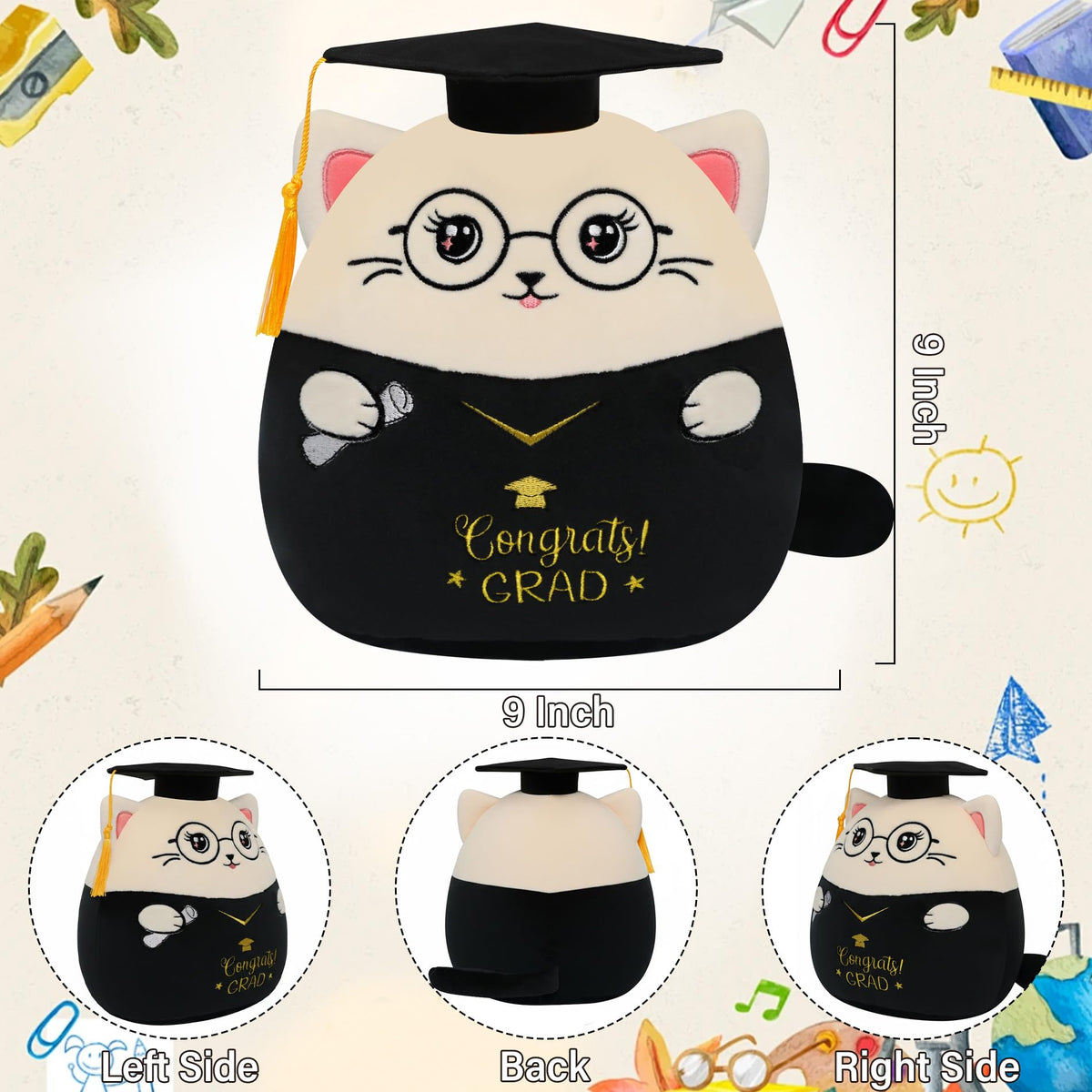 NIUBEHOHO plush cat with diploma embroidery adds authentic graduation charm.