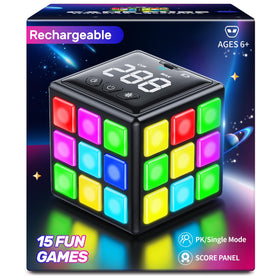 Niufunmal rechargeable puzzle cube front view showing 15 games for quick brain workouts