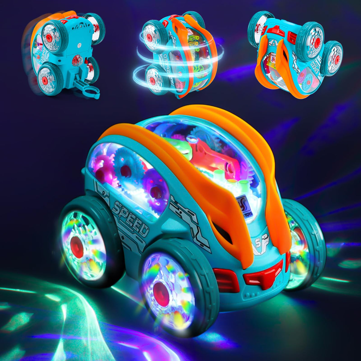 Niulife light up sensory car toy front view with spinning action engaging senses