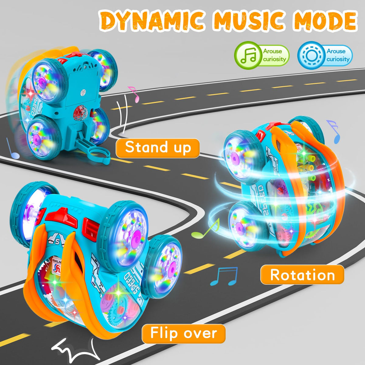 Niulife light up sensory car toy side view shows colorful gears stimulating curiosity