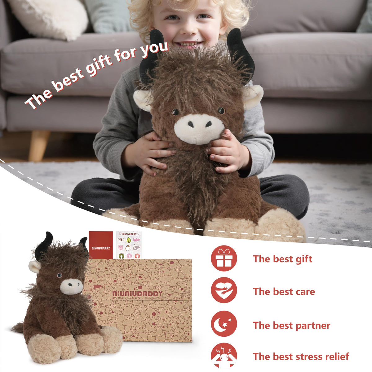 Niuniu Daddy weighted Highland Cow plush stitching and durable construction