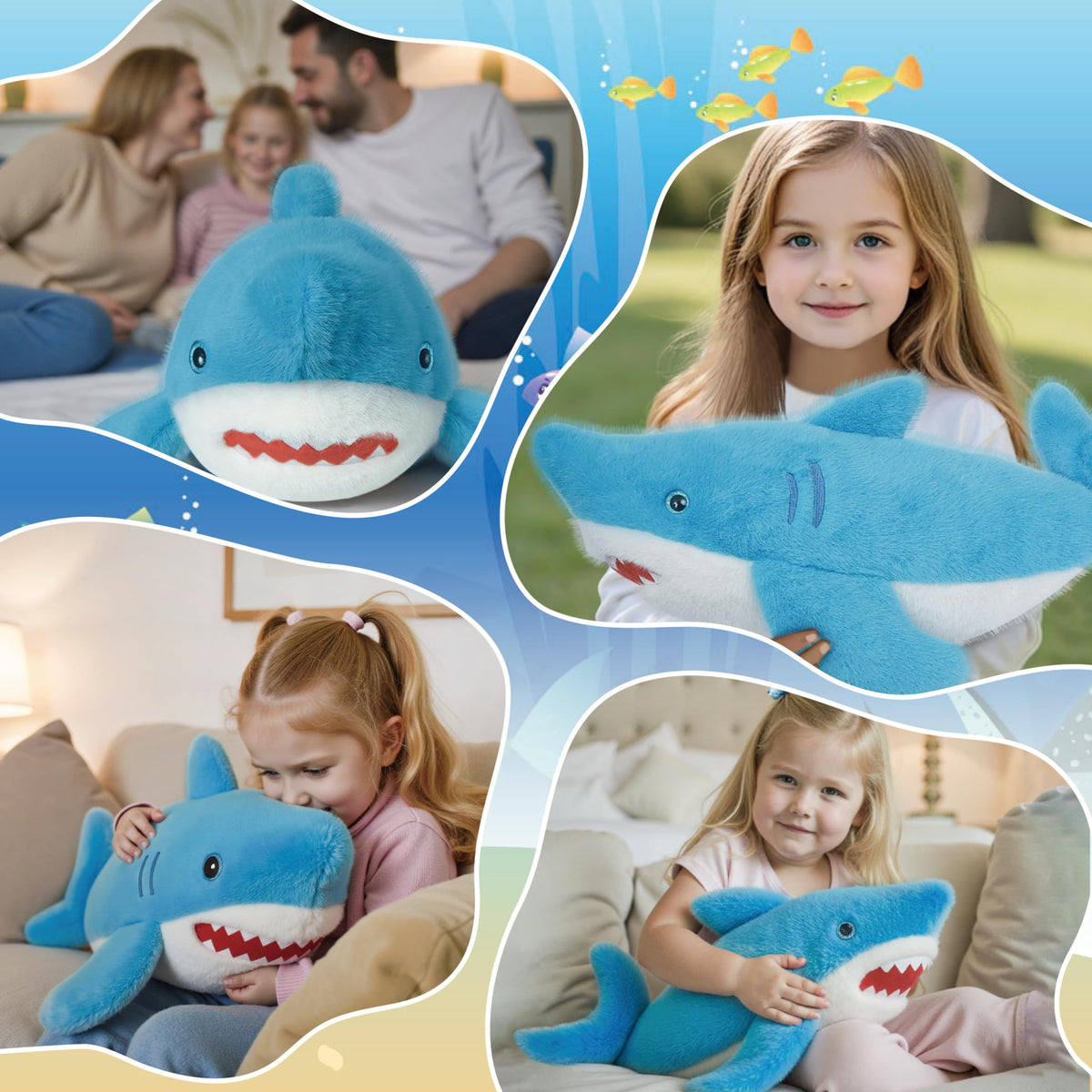 Niuniu Daddy 23-inch shark used as cozy home decor and cuddle buddy.