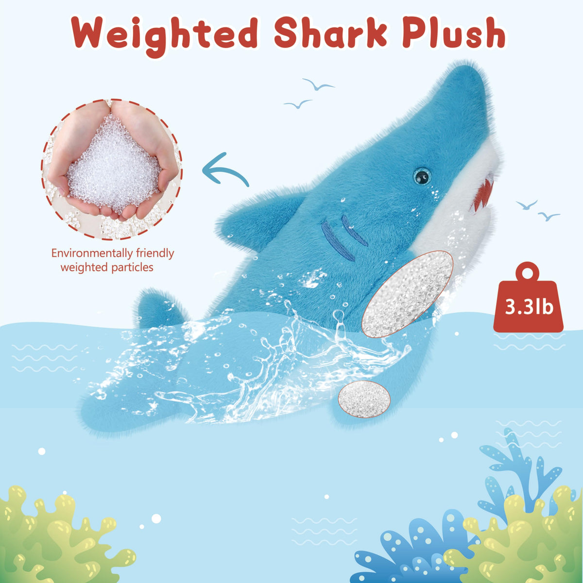Niuniu Daddy shark weighted plush with hug-back sensation for stress relief.