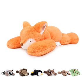 Niuniu Daddy Fox weighted stuffed animal lying in bed for a comforting bedtime hug.
