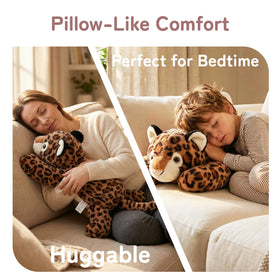 Kid and adult spaces show versatile use of the leopard plush.