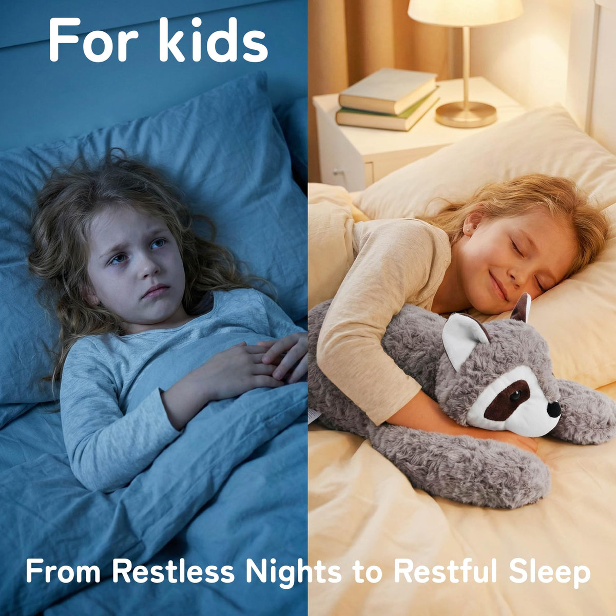 Niuniu Daddy raccoon weighted plush bed-time scene helps children feel secure at night.