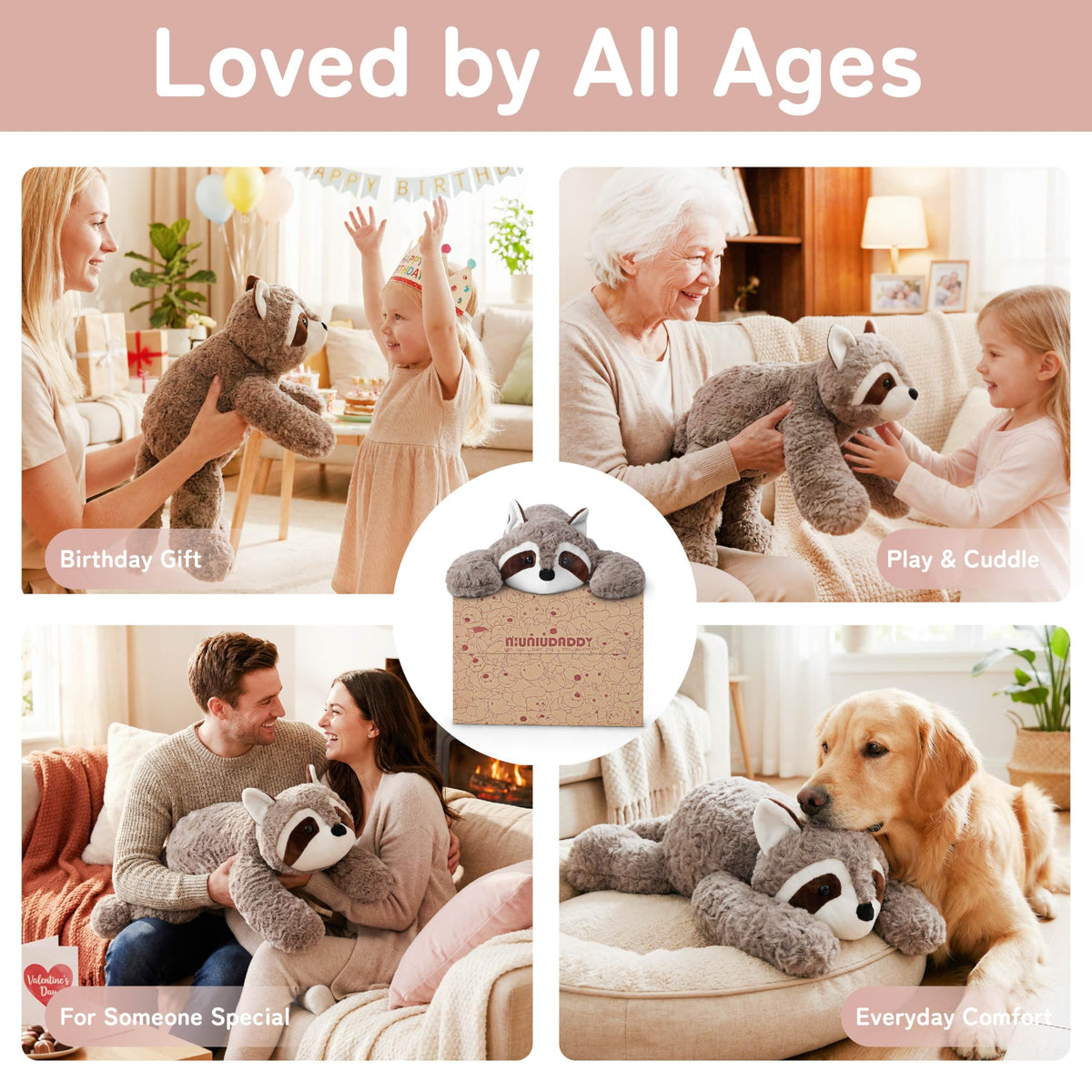 Niuniu Daddy raccoon weighted plush close-up stitching highlights durable craftsmanship.