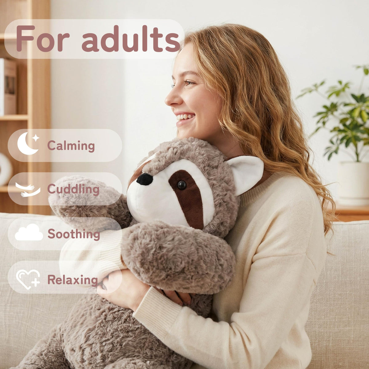 Niuniu Daddy raccoon weighted plush on sofa relaxing moment for calm evenings.